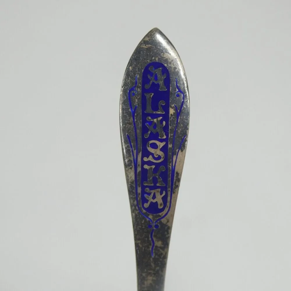 Alaska Sterling Silver Souvenir Spoon w/ Blue Enamel Art Deco Vintage